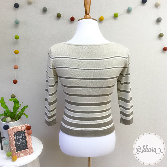 Beige Striped 3/4 Sleeve Lightweight Stretch-Knit - Picture 3 of 8